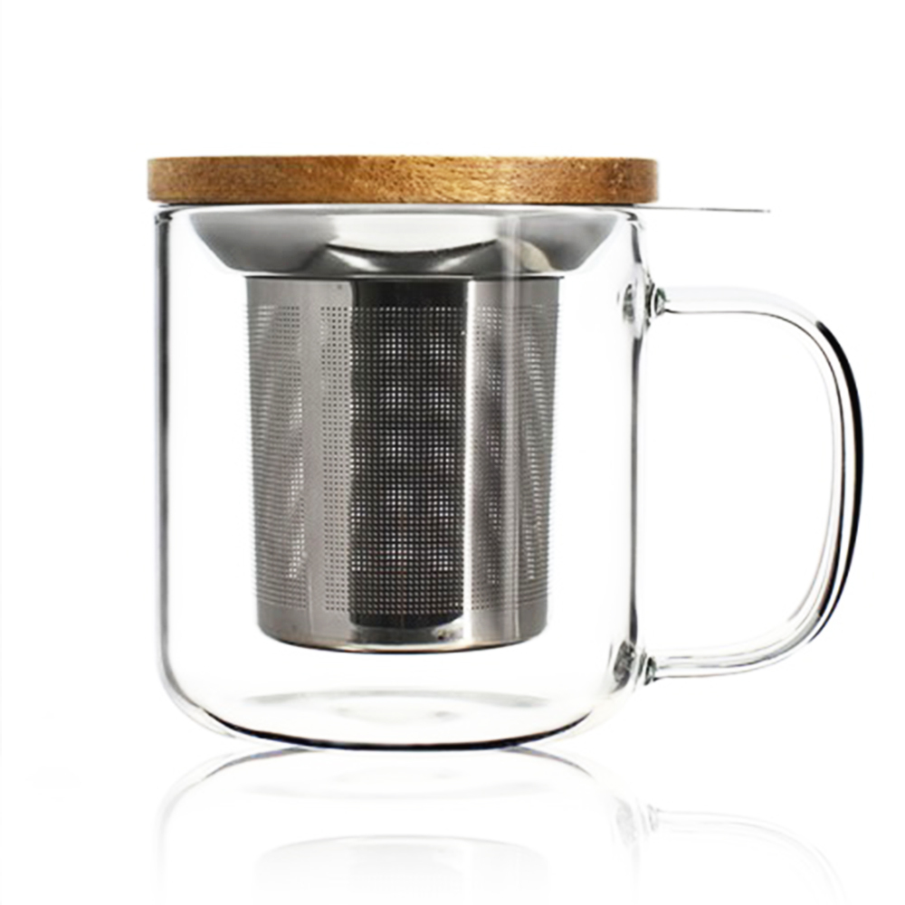 Mug en verre 300 ml avec filtre en inox micro perforé et couvercle en acacia Colors of Tea