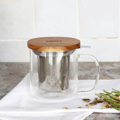 Mug en verre 300 ml avec filtre en inox micro perforé et couvercle en acacia Colors of Tea