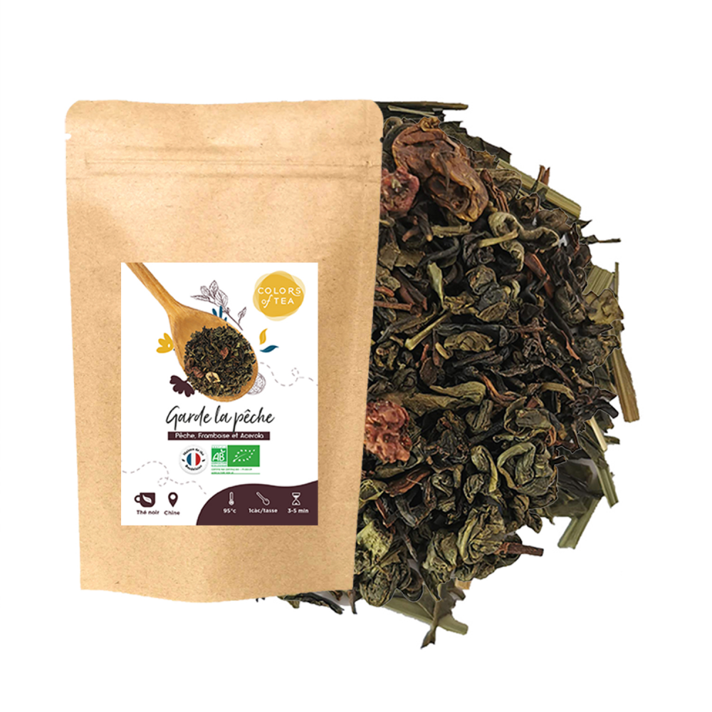 Mélange de thé noir et vert fruité - Pêche, framboise et acérola