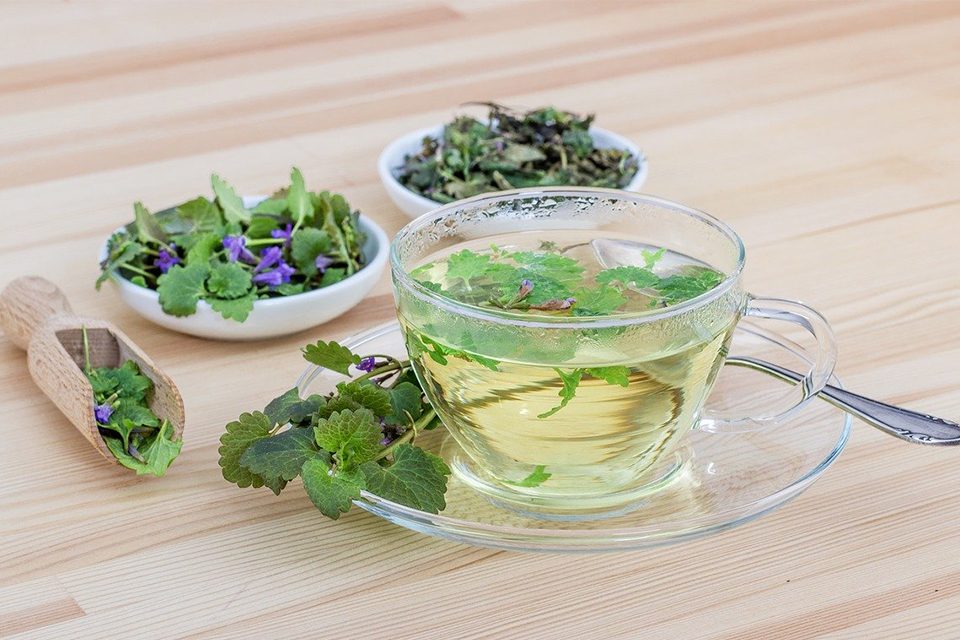 tasse de thé translucide avec thé en vrac dans soucoupe et cuillère en bambou